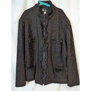First Option Too Women’s Jacket 18/20 Brown Black Animal Print Ruffle Trim